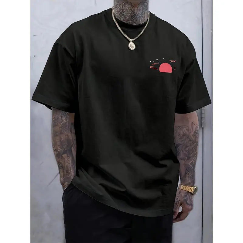Men's Pure Cotton Crew Neck Short-Sleeve Casual Tee - Fashionable, Versatile, Simple, Loose-Fitting Menswear for Commuting, Christmas, Chinese New Year with Sunset Print