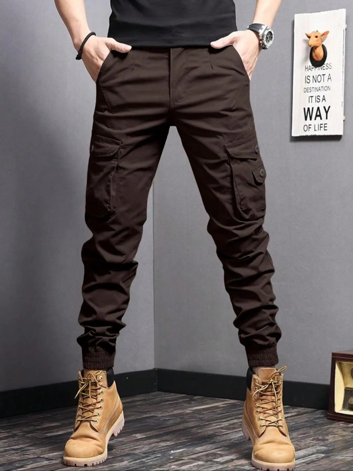 Men's Plain Button Pocket Cargo Pants, Regular Fit Street Fashion Casual Cargo Style Drawstring Waist Jogger Pants For Daily Wear, Woven Bottoms For All Seasons, Drawstring Trousers