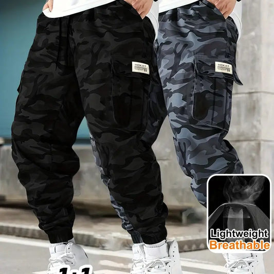 Men’s Retro Woven Camo Print Oversized Military Cargo Pants - 2/3 Pack, Lightweight Breathable, Adjustable Drawstring Waist, Flap Pockets, for Hiking/Casual Summer Menswear Bottoms