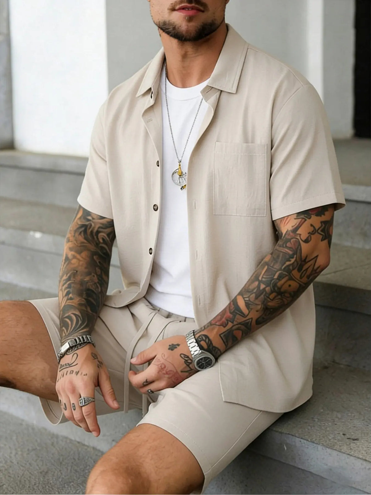 Men's Light Beige 2-Piece Casual Loungewear Set, Nightwear Outfit, Short-Sleeve Lapel Button-Down Shirt with Chest Pocket and Elastic Drawstring Waist Shorts, Breathable Lightweight Fabric, Minimalist Style, At-Home Lounging and Summer Getaways