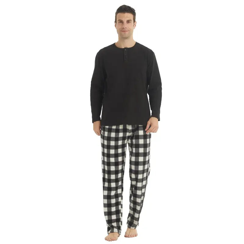 LANBAOSI Menswear Henley 2-Piece Pajama Outfit - Button-Down Long Sleeve Sleep Shirt, Plaid Checked Pants, Soft Cozy Thermal Casual Chic Loungewear for Cool Weather
