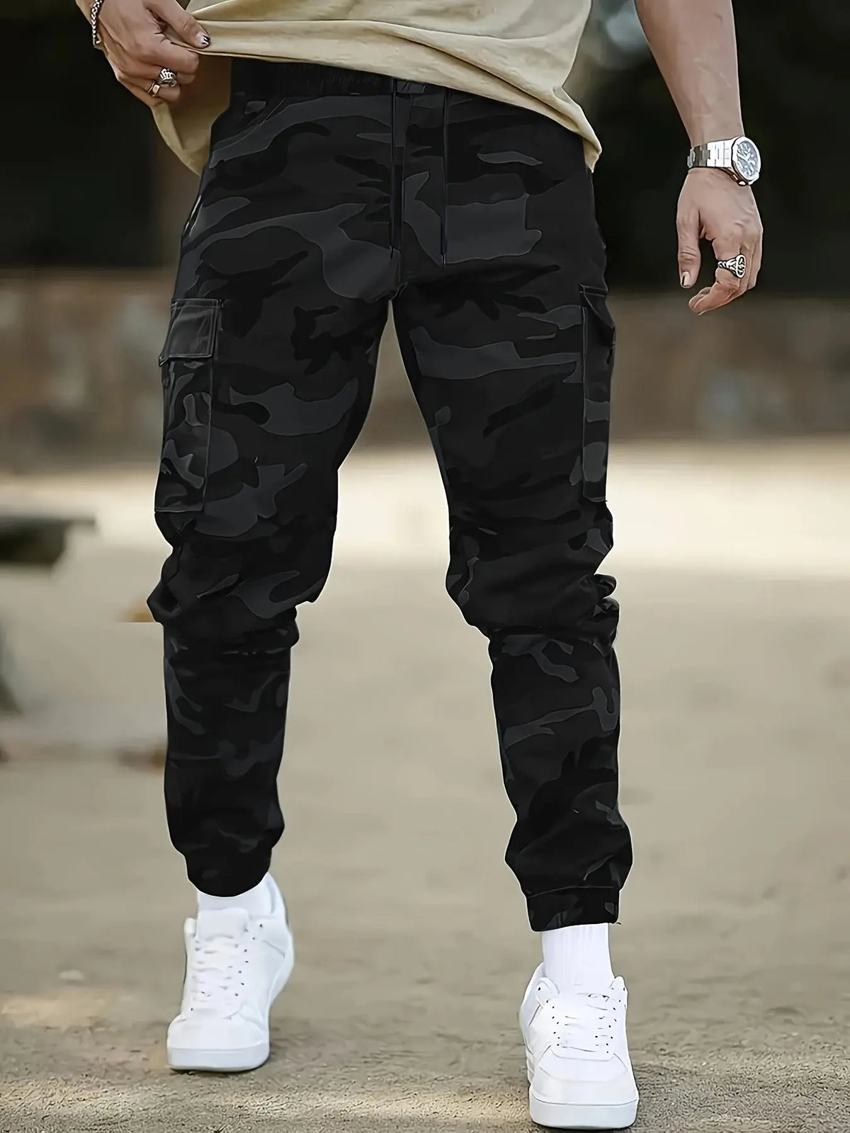 Men's Camouflage Cargo Pants, Casual Streetwear Trousers with Multiple Pockets, Adjustable Waist and Elastic Ankles, Casual Outdoor Wear, 100% Polyester, Eu Size, Casual Fitted Cut