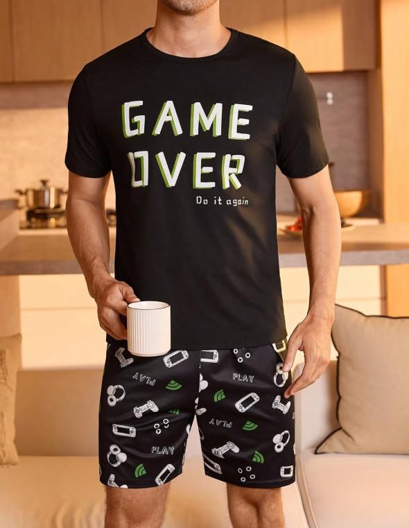 Mens Pajamas Set Lightweight Summer Pjs Sleepwear Soft Comfy Short Sleeve Crew Neck Loungewear 2 Piece
