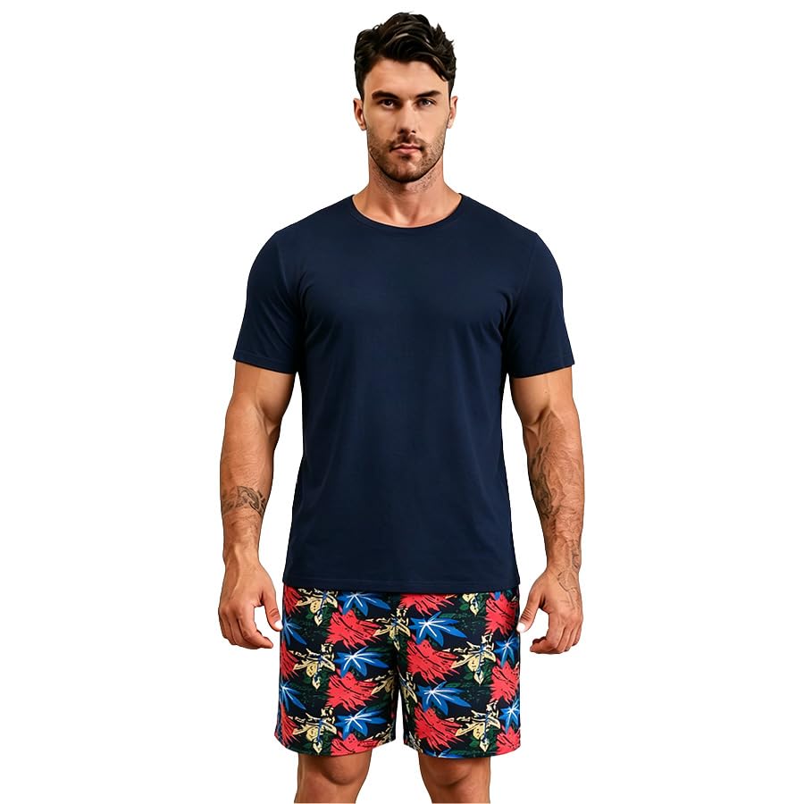 Men's Summer Pajama Set - Short Sleeve Top & Shorts Lounge Wear