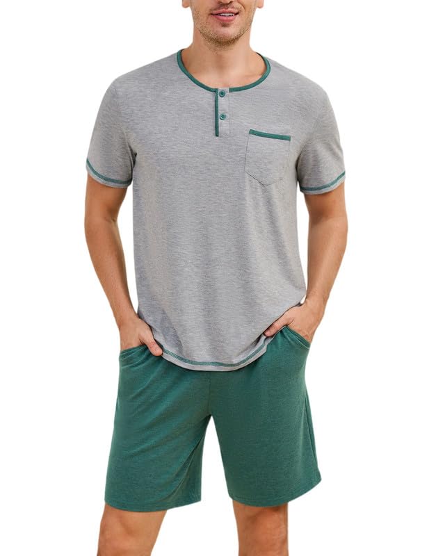 Marvmys Mens Pajama Sets Cotton Pajamas Short Sleeve Henley Pjs Summer Sleepwear Soft Sleep Set with Pockets S-3XL