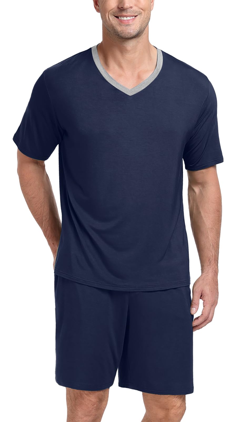 PrinStory Men's Pajama Set Sleepwear Pjs Lightweight Quick Dry Short Sleeve V-Neck Shirts and Shorts Soft Comfy Sleep Sets