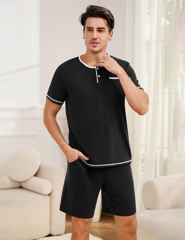Marvmys Mens Pajama Sets Cotton Pajamas Short Sleeve Henley Pjs Summer Sleepwear Soft Sleep Set with Pockets S-3XL