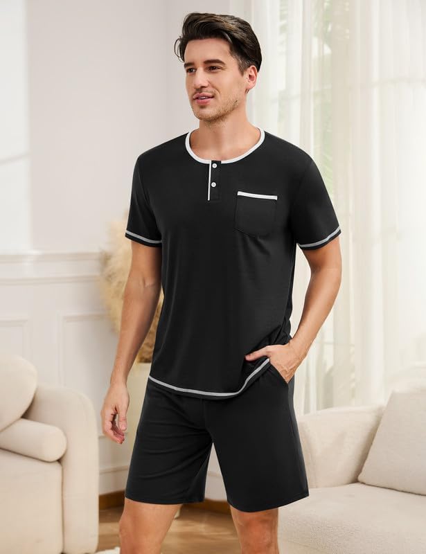 Marvmys Mens Pajama Sets Cotton Pajamas Short Sleeve Henley Pjs Summer Sleepwear Soft Sleep Set with Pockets S-3XL