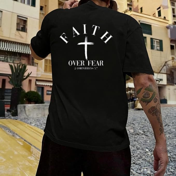 Men Faith Over Fear Christian Cross Graphic Short Sleeve T-Shirt