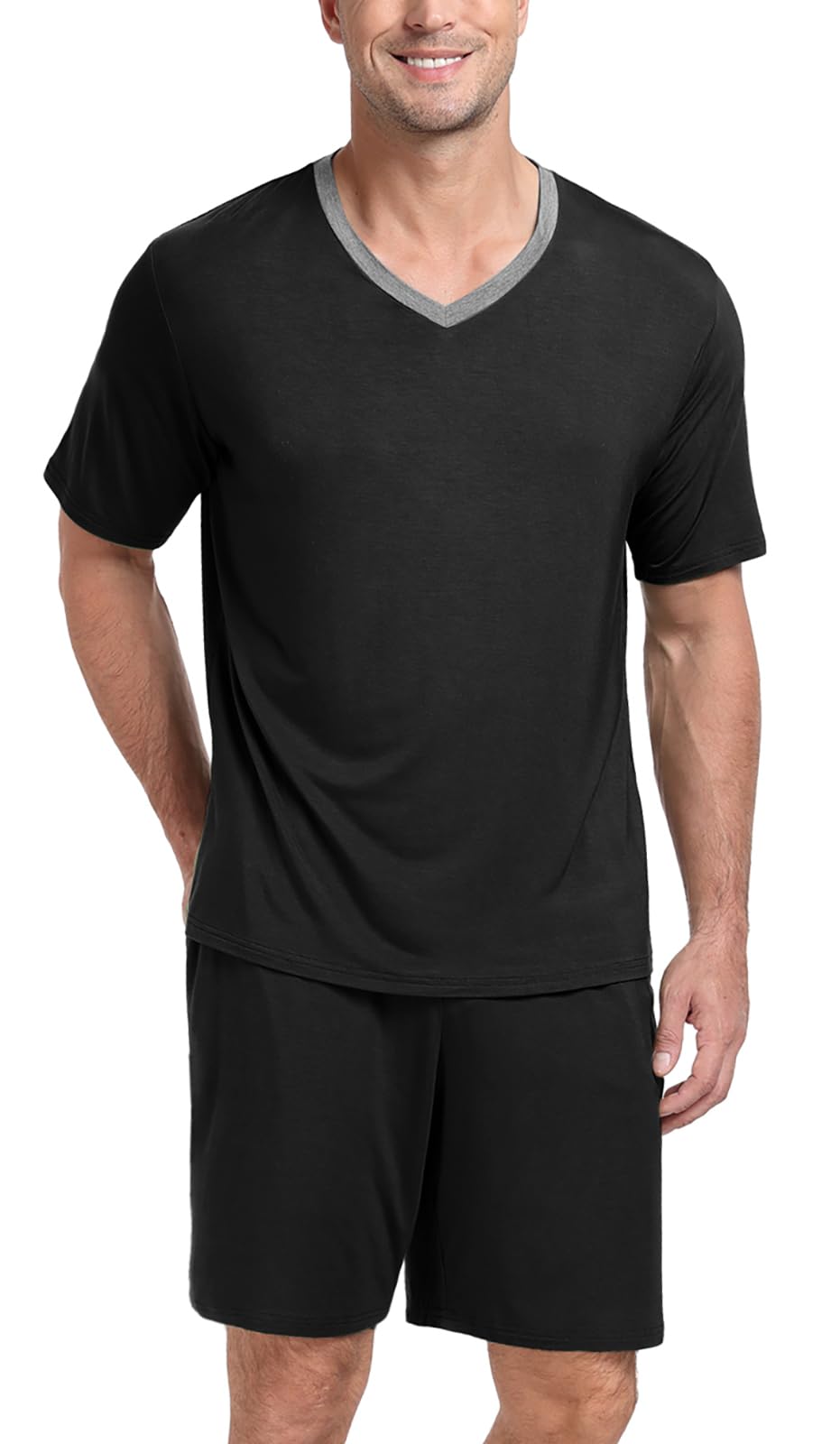 PrinStory Men's Pajama Set Sleepwear Pjs Lightweight Quick Dry Short Sleeve V-Neck Shirts and Shorts Soft Comfy Sleep Sets