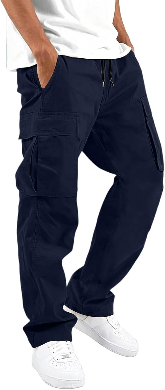Cargo Pants for Men Elastic Waist Work Pants with Drawstring Multi Pockets Hiking Lightweight Tactical Trousers