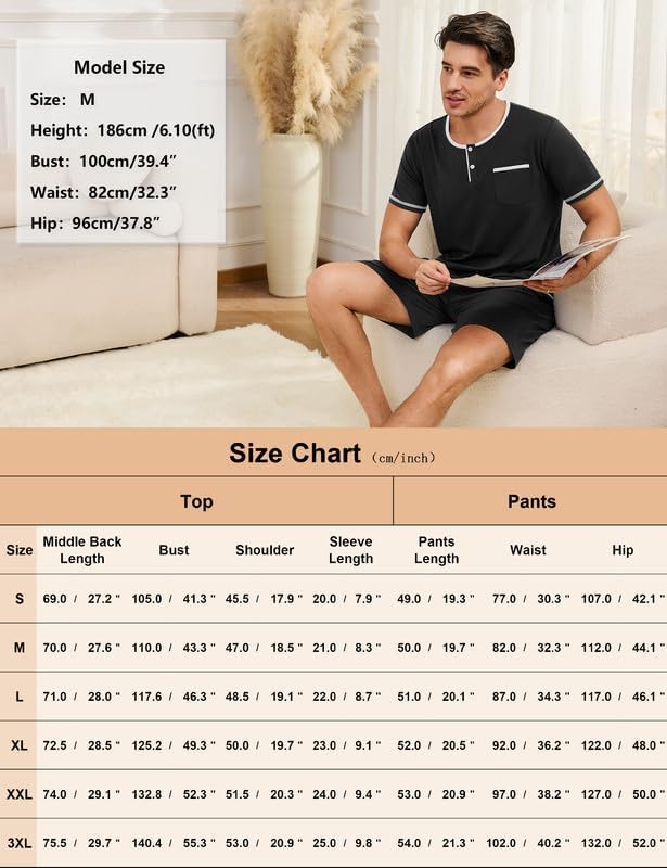 Marvmys Mens Pajama Sets Cotton Pajamas Short Sleeve Henley Pjs Summer Sleepwear Soft Sleep Set with Pockets S-3XL
