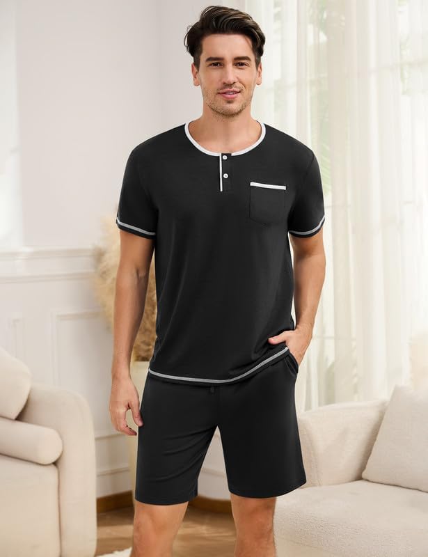 Marvmys Mens Pajama Sets Cotton Pajamas Short Sleeve Henley Pjs Summer Sleepwear Soft Sleep Set with Pockets S-3XL