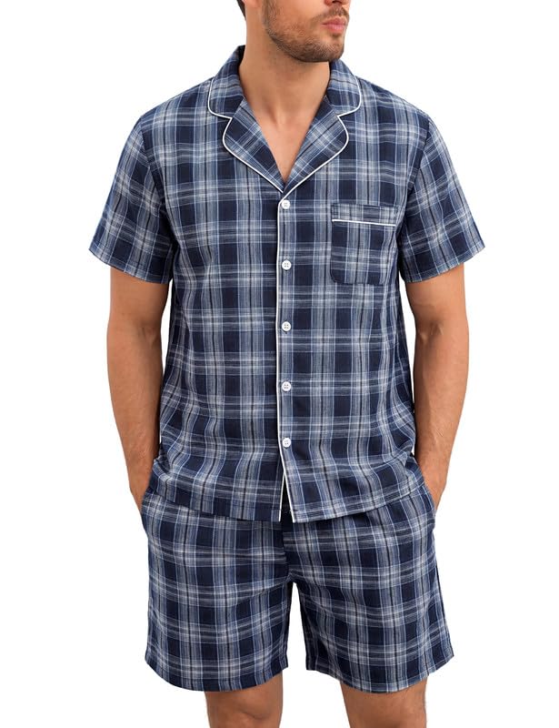 Marvmys Mens 100% Cotton Pajama Set Sleepwear Short Sleeve Pj Set Button Down Lounge Set Plaid Pajamas S-3XL