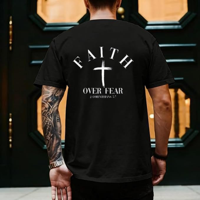 Men Faith Over Fear Christian Cross Graphic Short Sleeve T-Shirt