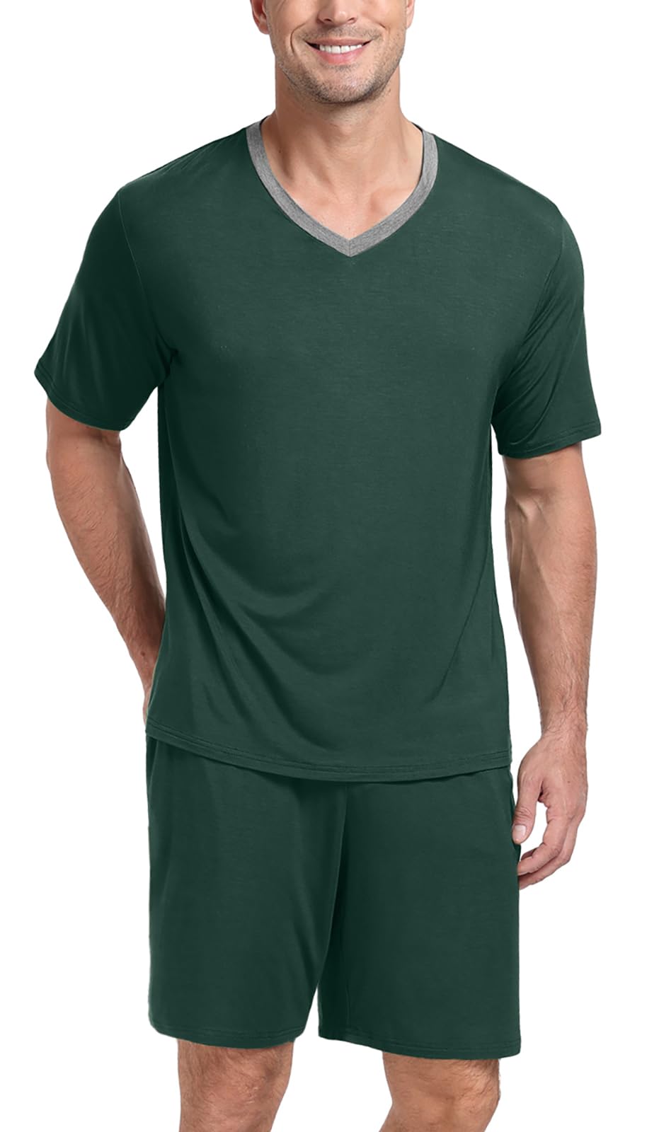 PrinStory Men's Pajama Set Sleepwear Pjs Lightweight Quick Dry Short Sleeve V-Neck Shirts and Shorts Soft Comfy Sleep Sets