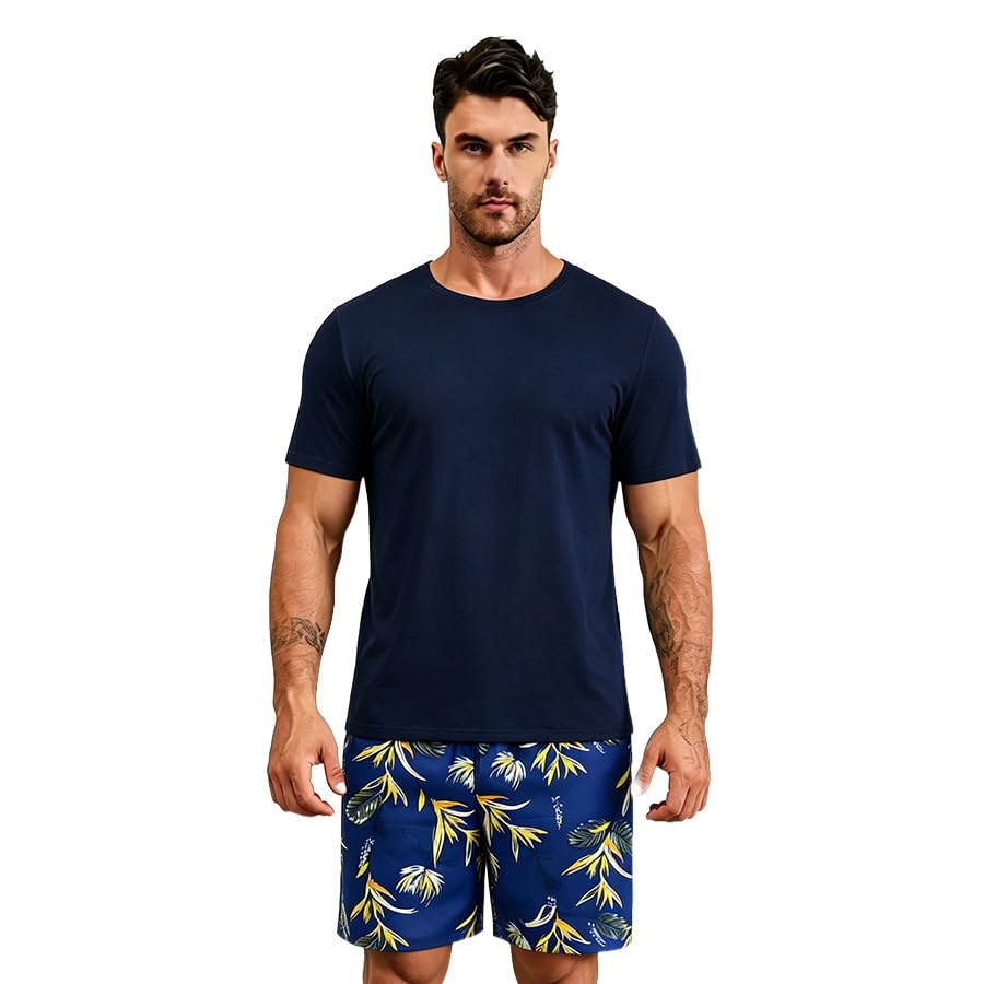 Men's Summer Pajama Set - Short Sleeve Top & Shorts Lounge Wear