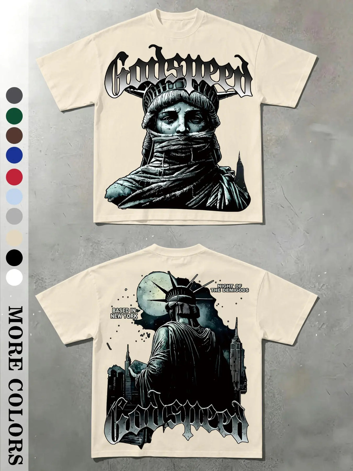 Men's Vintage Masked Statue of Liberty Print T-Shirt, Godspeed Gothic Letter, Casual Fitted Long Sleeve, Plain Surface Graphic Design Aesthetic, Streetwear Tops