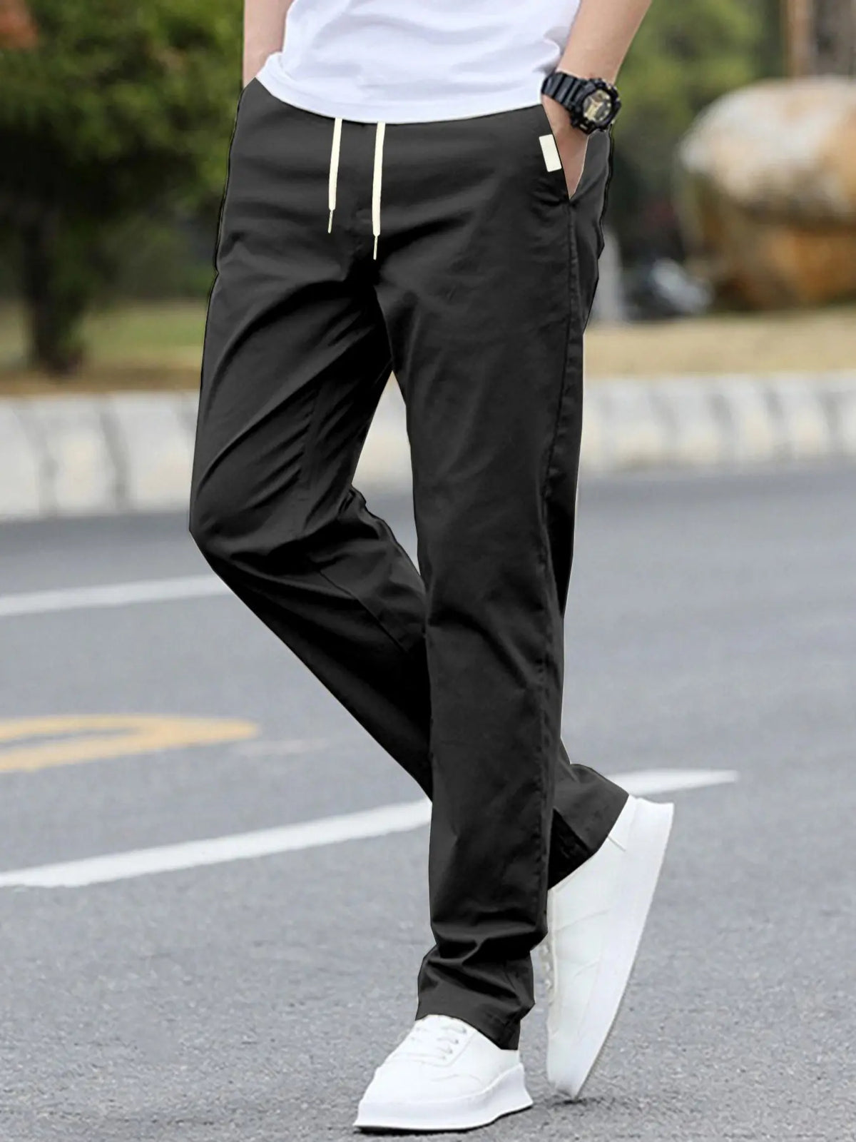 Men's Solid Color Drawstring Waist Pants with Side Pockets, Adjustable Waist Trousers, Casual Fitted Trousers for All Seasons, Comfortable Everyday Wear, Casual Elastic Waist, Casual Comfy Fit