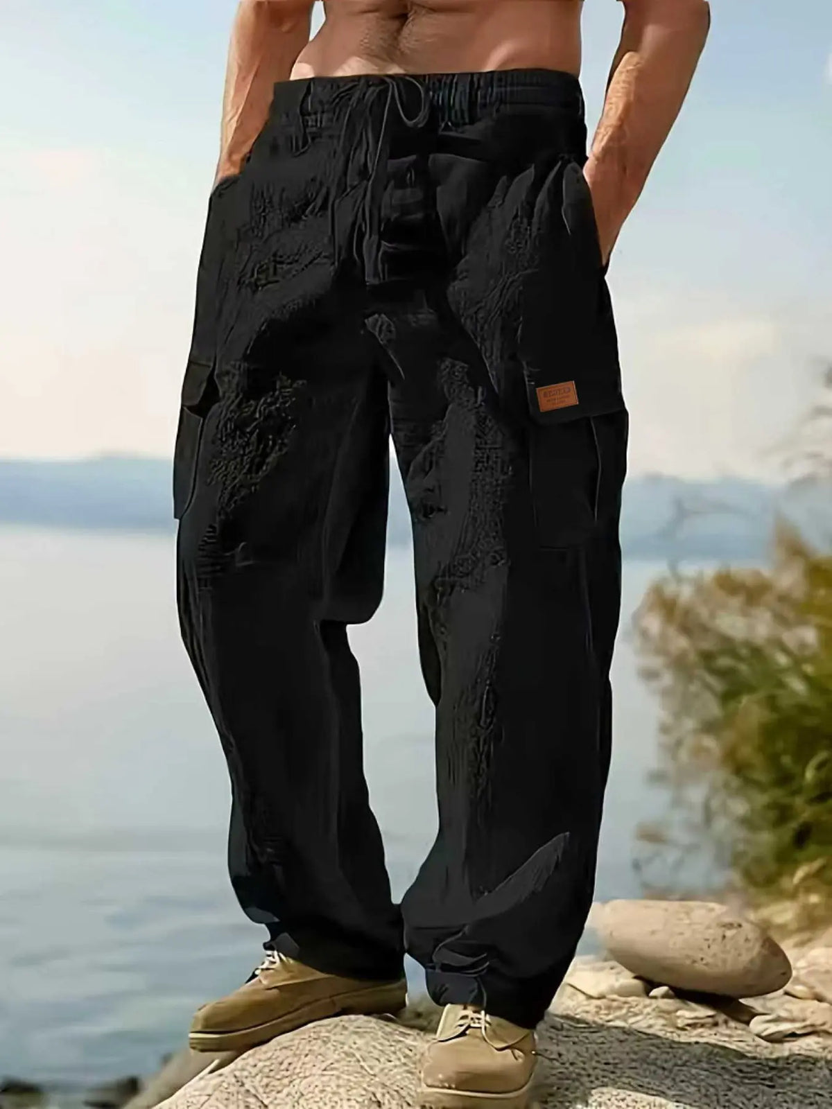 Men's Workwear Classic Linen Pants, Drawstring Multi-Pocket Straight Leg, Breathable Plain Casual Pants for Spring & Fall, Outdoor Beach Wear