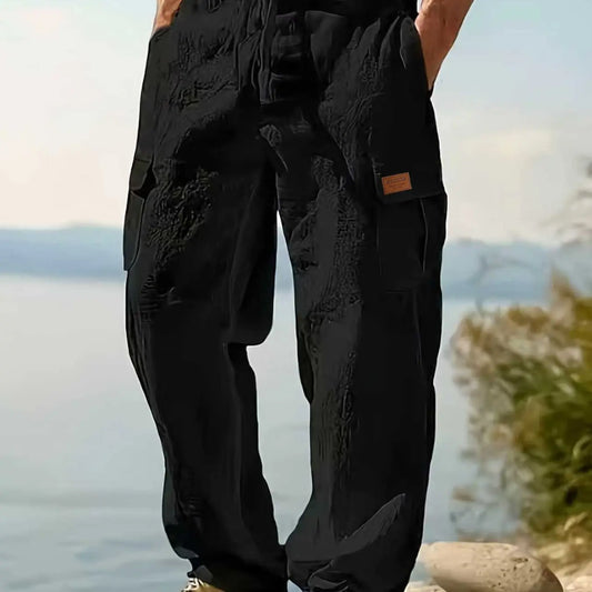 Men's Workwear Classic Linen Pants, Drawstring Multi-Pocket Straight Leg, Breathable Plain Casual Pants for Spring & Fall, Outdoor Beach Wear