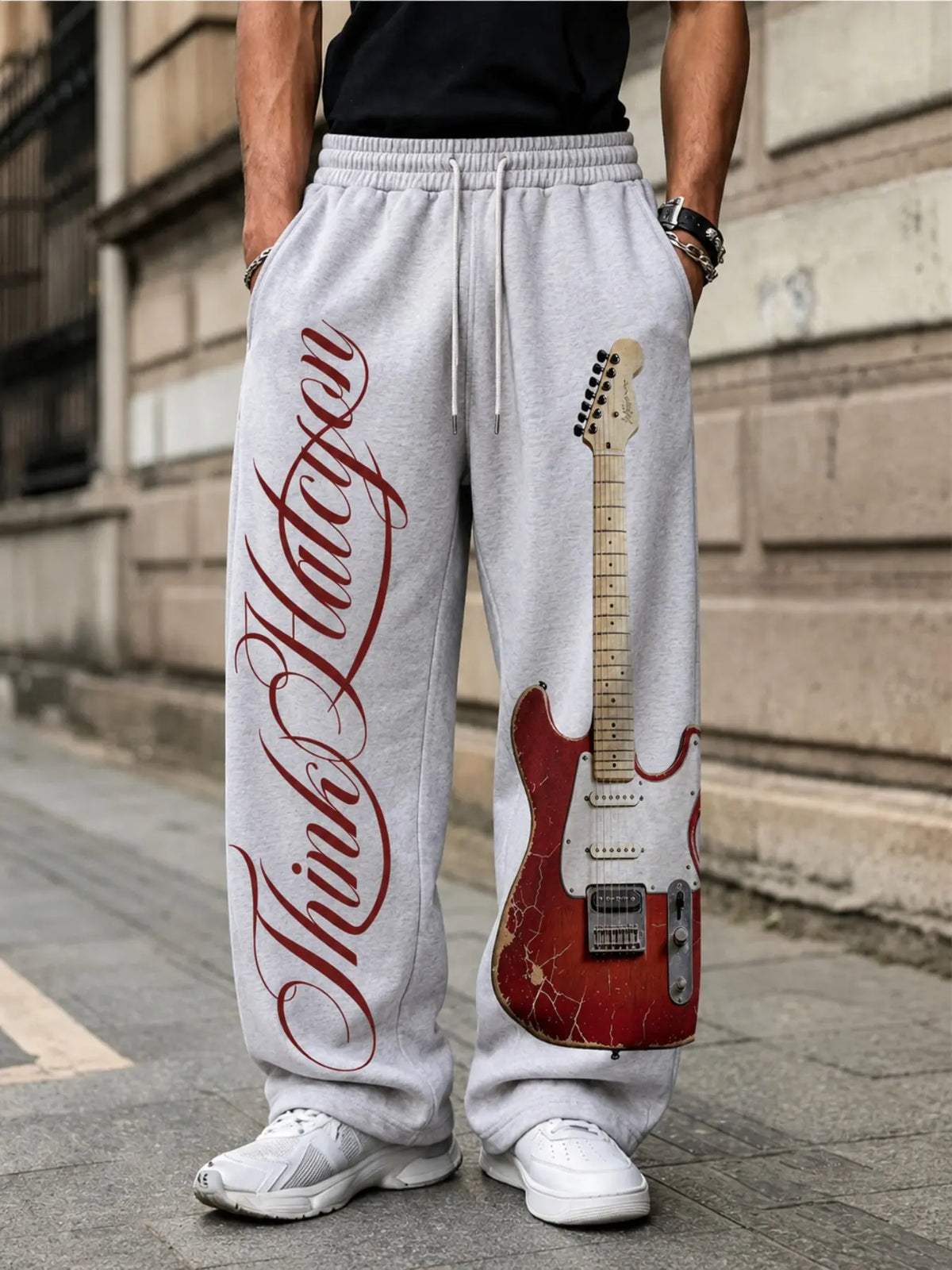 Unisex Street Rock Style Streetwear Drawstring Baggy Pants, Geometric Guitar Print, Elastic Waist, Slant Pockets, Casual Loose Fit, All Seasons