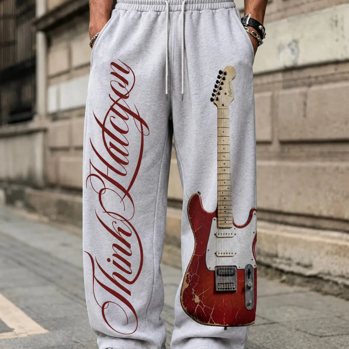 Unisex Street Rock Style Streetwear Drawstring Baggy Pants, Geometric Guitar Print, Elastic Waist, Slant Pockets, Casual Loose Fit, All Seasons