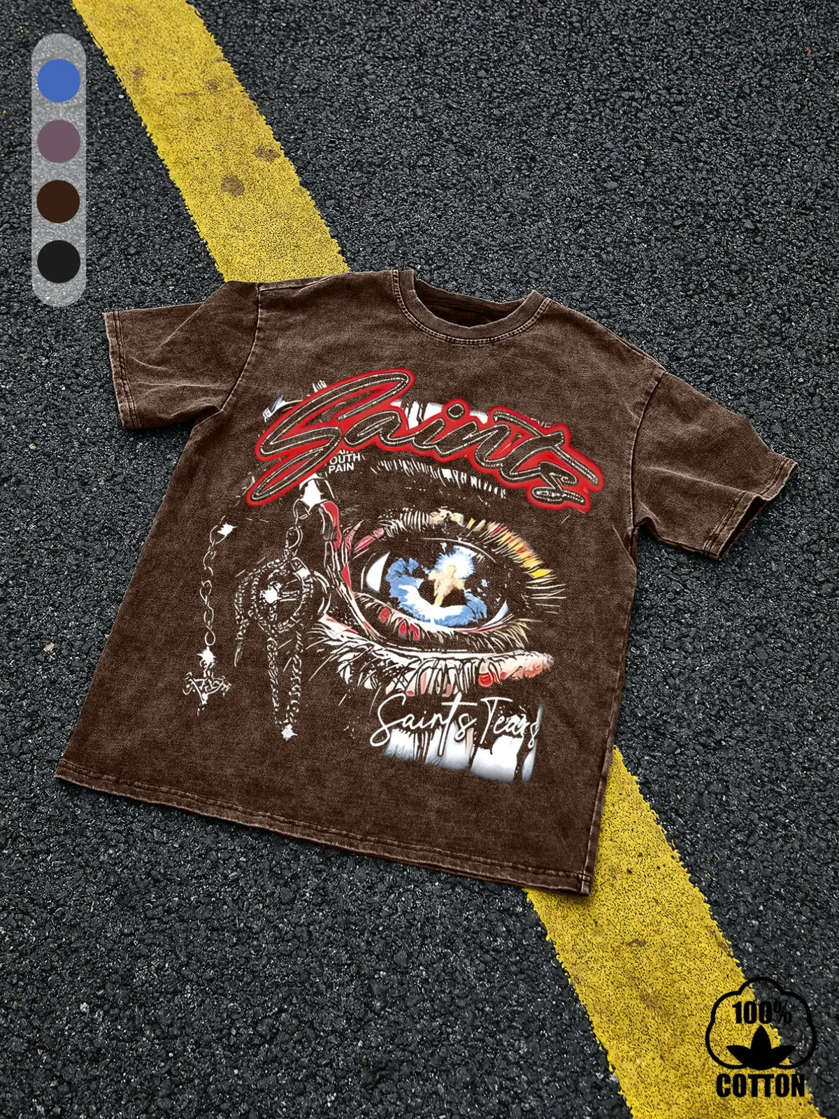 Men's 100% Cotton "Saint Tears" Graphic T-Shirt, Vintage-Wash Loose Fit Eye and Chain Design, Breathable Summer Casual Streetwear Top, Casual Style Tee