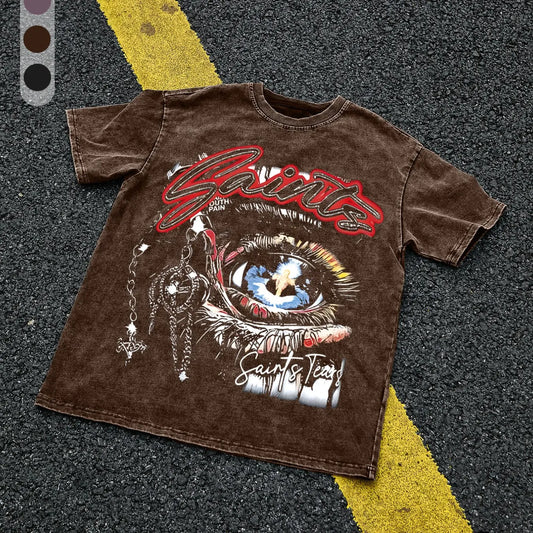 Men's 100% Cotton "Saint Tears" Graphic T-Shirt, Vintage-Wash Loose Fit Eye and Chain Design, Breathable Summer Casual Streetwear Top, Casual Style Tee