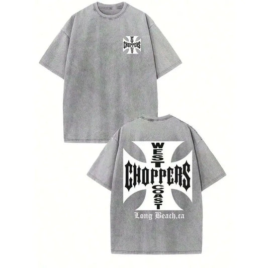 Women's Oversized Breathable Short-Sleeve Crew Neck Washed Black Cotton Trendy Graphic Streetwear T-Shirt - Double-Side West Coast Choppers Long Beach Iron Cross Logo, Type A Menswear Fabric, for Chopper Bike Fans, Everyday Shirts for Women