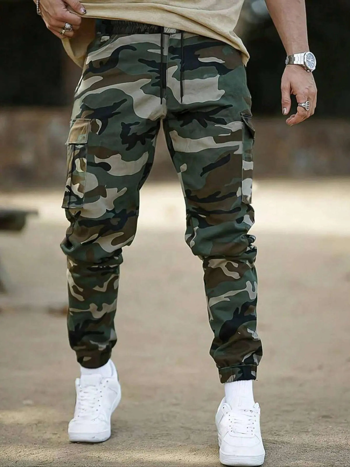 Men's Camouflage Cargo Pants, Casual Streetwear Trousers with Multiple Pockets, Adjustable Waist and Elastic Ankles, Casual Outdoor Wear, 100% Polyester, Eu Size, Casual Fitted Cut