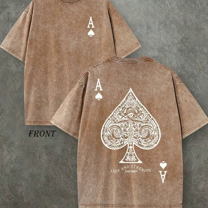 Retro Washed T-Shirt Double Sided Printed (230 Pure Cotton T-Shirt) 'LUCK AND STRENGTH'  Letter And Ace Of Spades Pattern Print, Men's T-Shirt, Men's Casual, Comfortable, Fashionable T-Shirt, Street Style Cotton