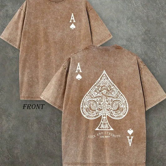 Retro Washed T-Shirt Double Sided Printed (230 Pure Cotton T-Shirt) 'LUCK AND STRENGTH'  Letter And Ace Of Spades Pattern Print, Men's T-Shirt, Men's Casual, Comfortable, Fashionable T-Shirt, Street Style Cotton