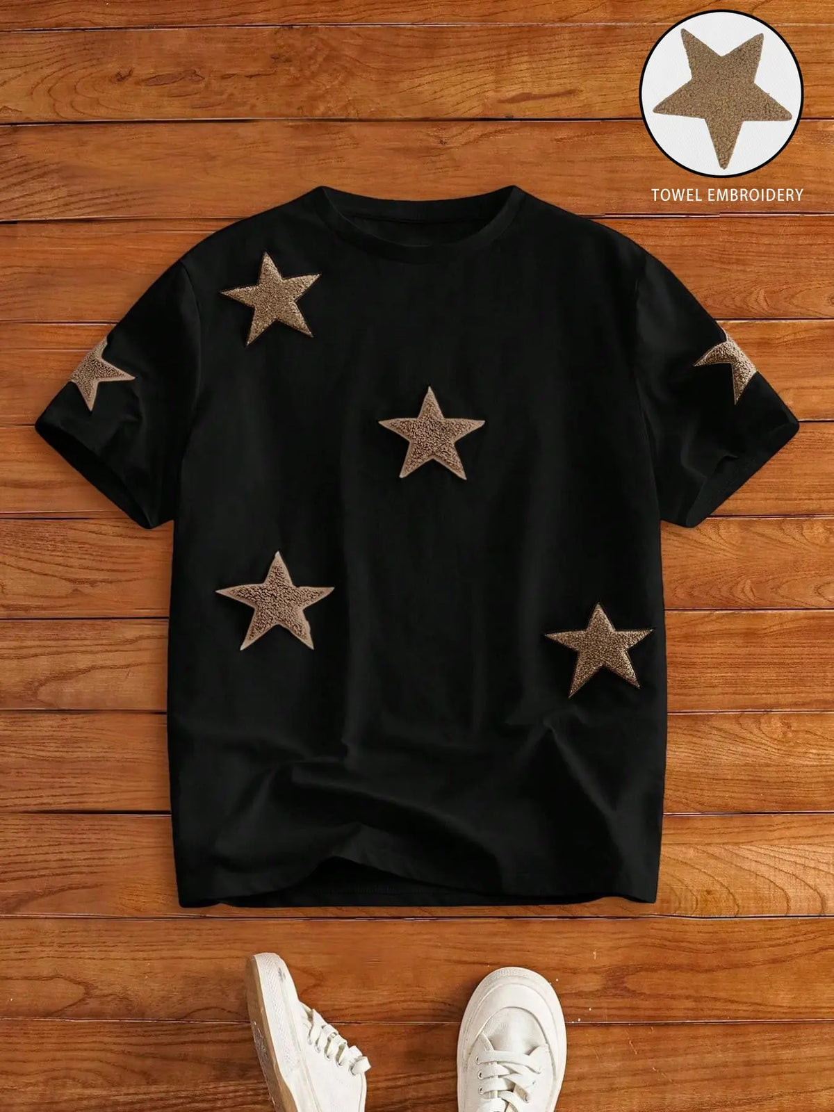 Men's Street Style Star Chenille Embroidery Patch Textured Short Sleeve T-Shirt, Casual Daily Wear, Anniversary Gift, Streetwear Menswear
