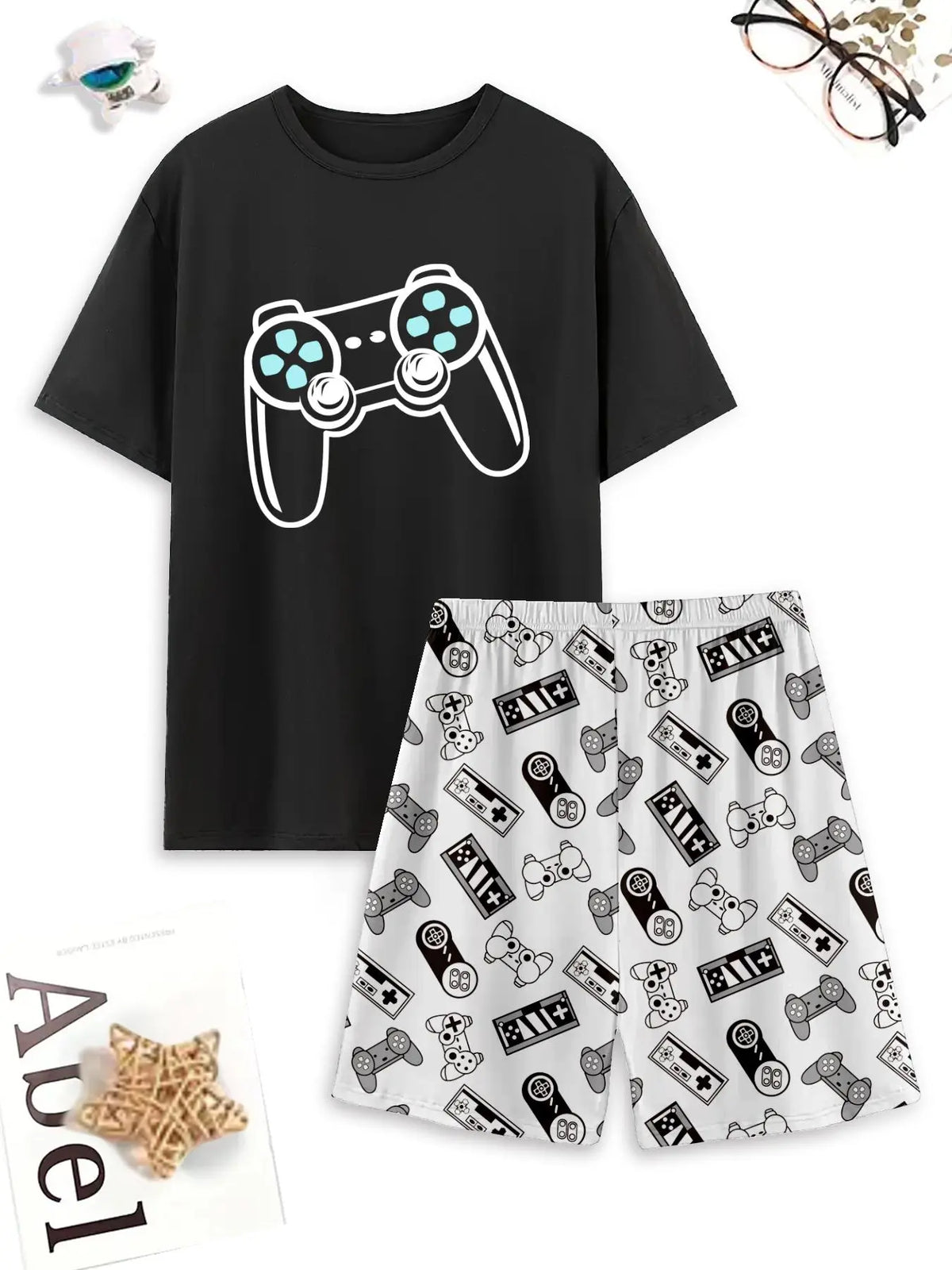 Men's Graphic Tee & All Over Print Elastic Waist Shorts Casual Comfy Loungewear Two-Piece Set, Shorts Lounge Outfit, Regular Fit Round Neck Short Sleeve T-Shirt & Shorts PJ Set, Men's Sleepwear for Summer, Pajamas