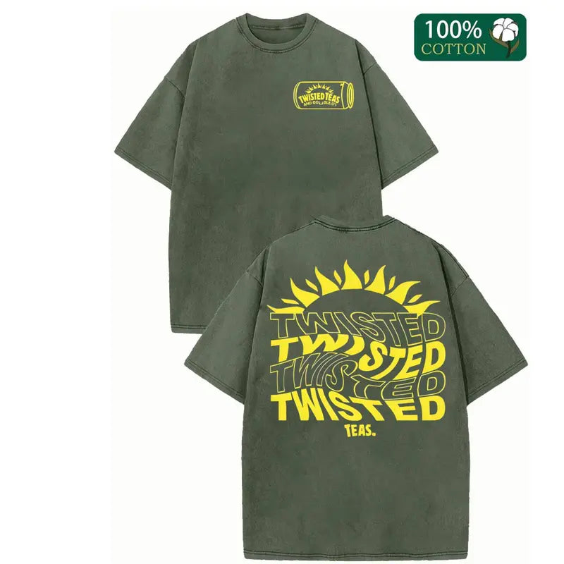 Vintage-Inspired Twisted Tea Cotton Short-Sleeve Tshirt - ,Double-Sided Print, Drop Shoulder Sleeves, 230g Thick High-Quality Fabric, Round Neck, Casual Streetwear Top