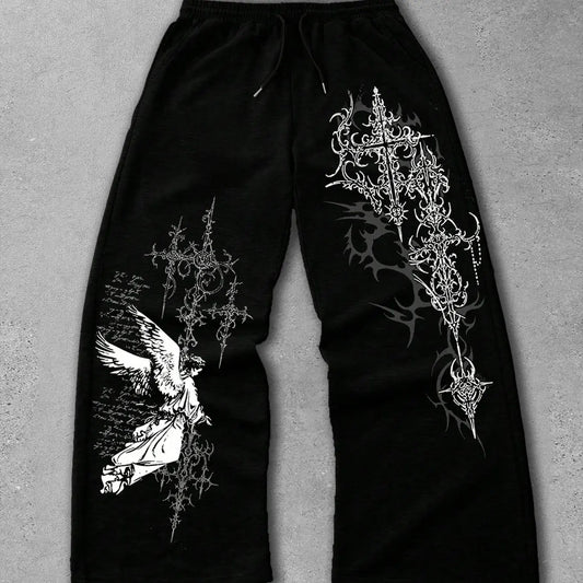 Men's Straight-Leg Long Pants with Gothic Print, Casual Fashion Bottoms, Comfortable and Stylish, Perfect for Daily Wear