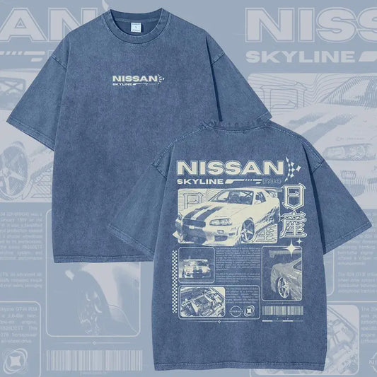 Vintage JDM Sports Car Graphic Washed Denim T-Shirt Skyline Men's Graphic Tees Streetwear Outfits Men Vacation Outfits Oversized Tshirt Men,back to school,back to school shopping