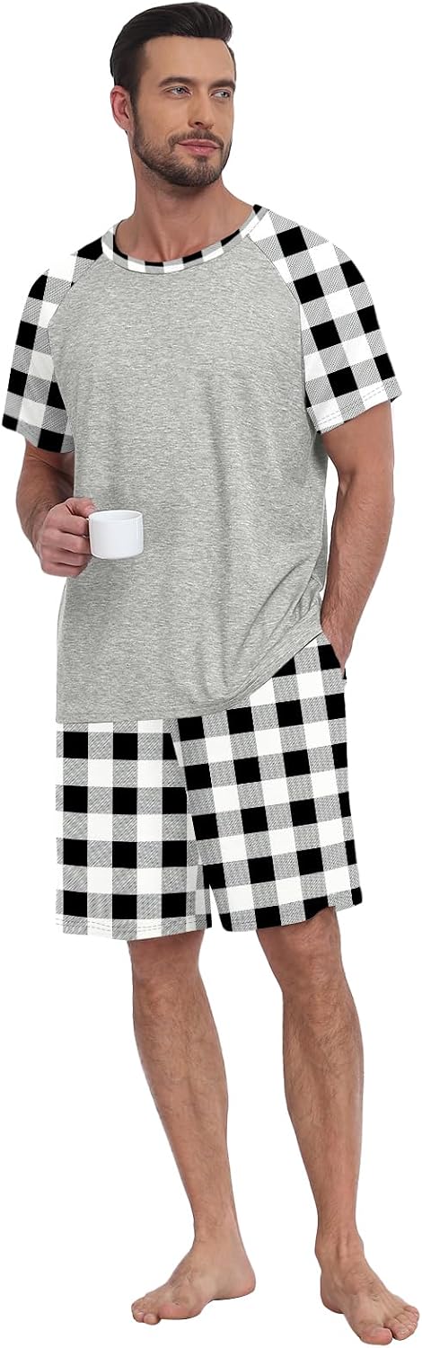 MLXSJ Mens Pajama Set Summer Pjs Sleepwear Soft Sleep Set With Pocket S-3XL