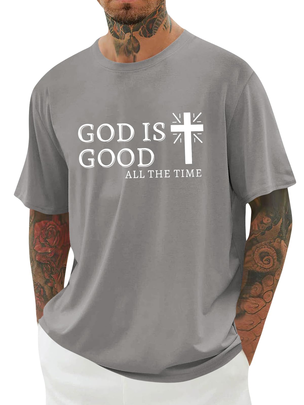 Mens Christian Shirts Shorts Sleeve Crewneck Jesus Cross Printed T Shirts Loose Graphic Tee
