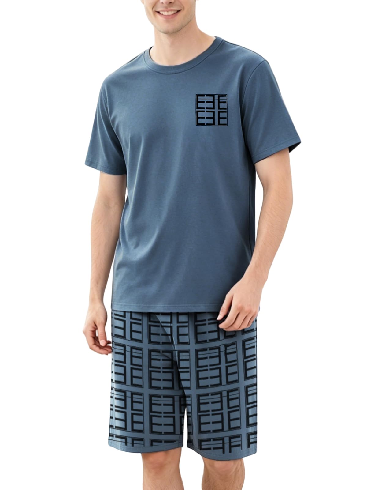 Mens Pajama Set Summer Sleepwear Short Sleeve Loungewear Lightweight Soft Nightwear Shirts Plaid Shorts with Pockets