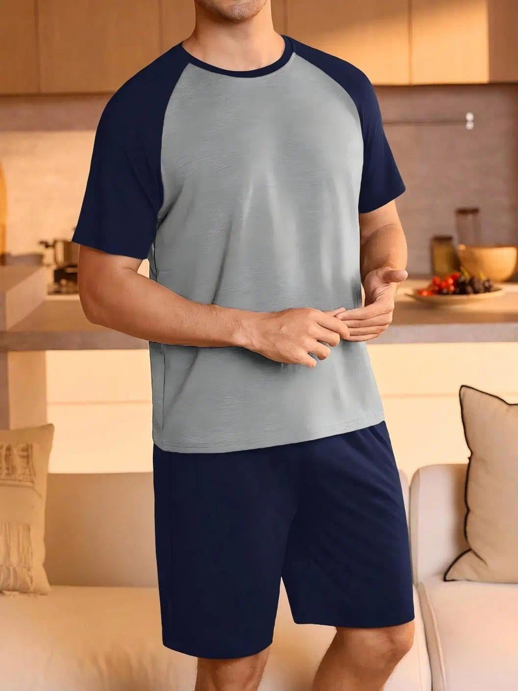 2 Piece Men T Shirt Lounge Set Short Sleeve Crew Neck Men and Matching Shorts Casual Home Wear Relaxed Fit Daily Sleep Set