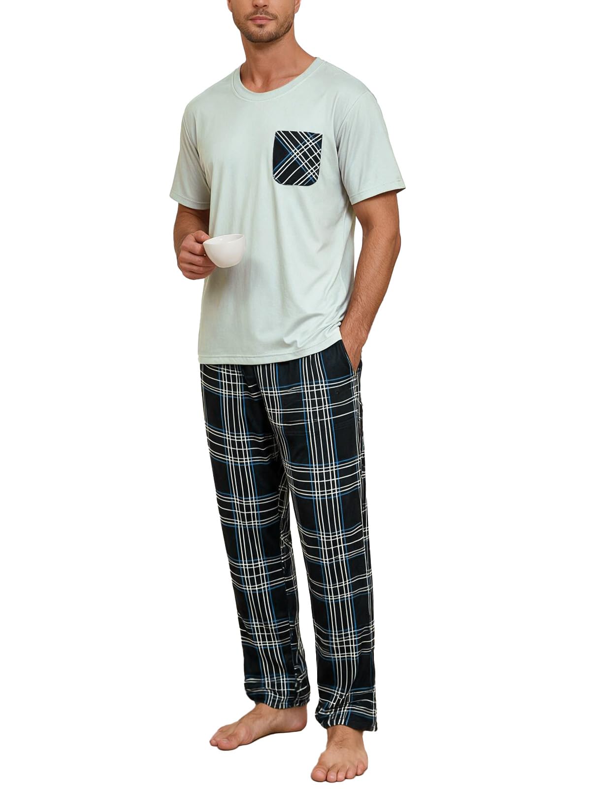 Mens Pajama Set Summer Sleepwear Short Sleeve Loungewear Lightweight Soft Nightwear Shirts Plaid Pants Pockets