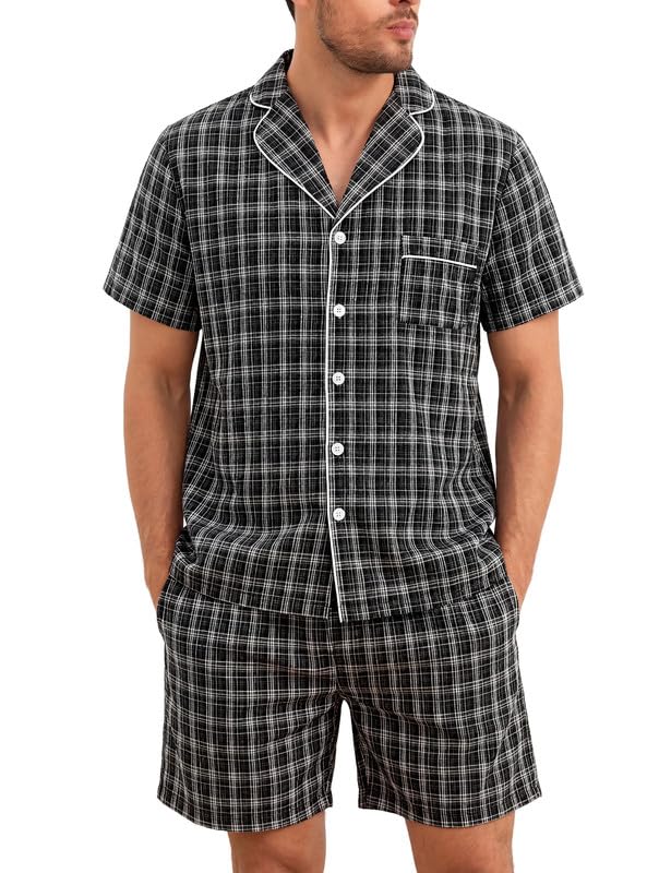 Marvmys Mens 100% Cotton Pajama Set Sleepwear Short Sleeve Pj Set Button Down Lounge Set Plaid Pajamas S-3XL