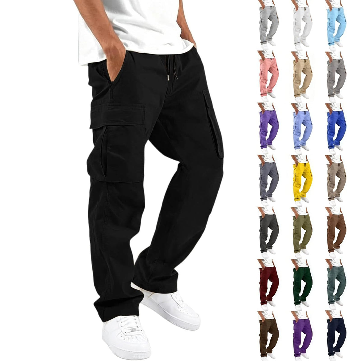 Mens Cargo Pants Relaxed Fit Elastic Waist Drawstring Straight Leg Hiking Workout Outdoor Joggers with Pockets