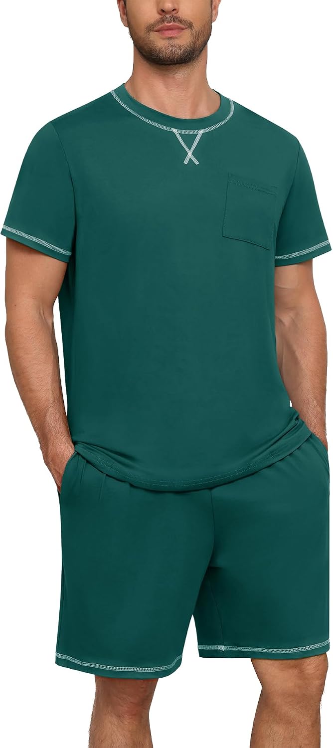 Men's Pajamas Set Casual Short Sleeve Shirts and Shorts 2 Piece Loungewear With Pockets