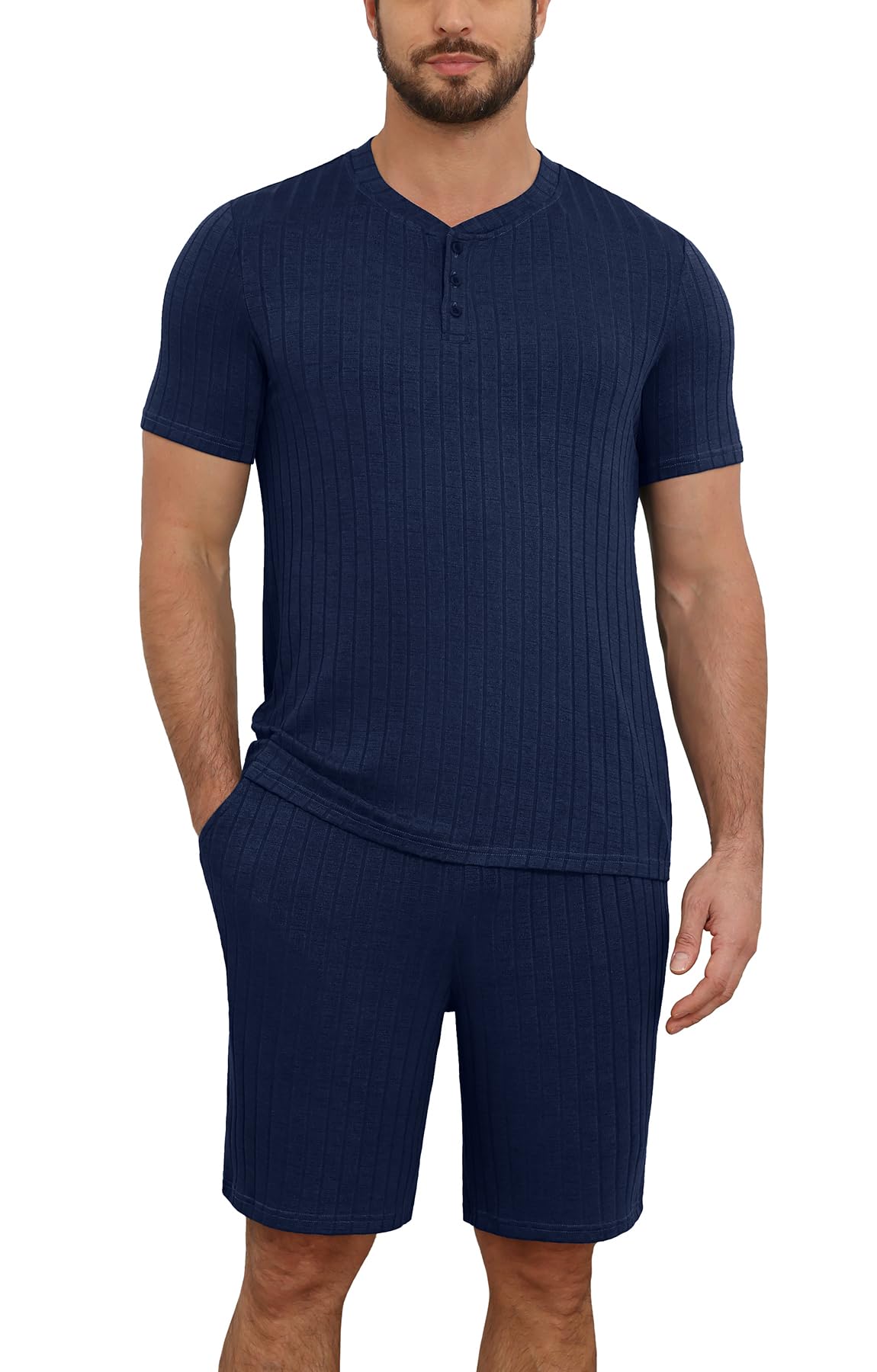 NITAGUT Men’s Summer Pajama Set Lightweight Loungewear Short Sleeve Henley Top & Sleep Shorts 2 Piece Stretch Lounge Set