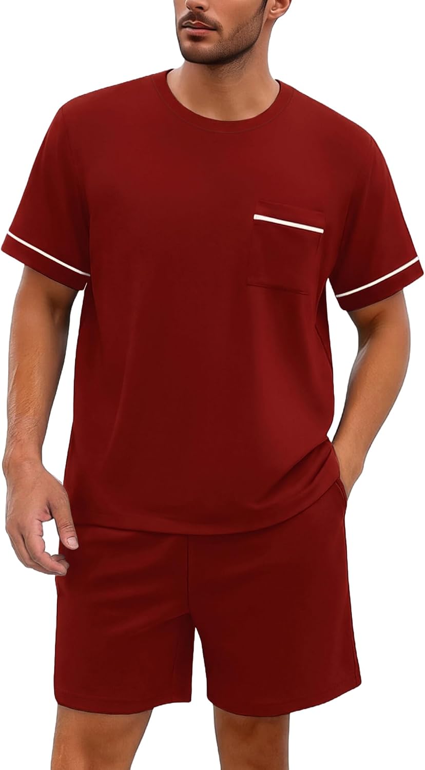 Ekouaer Men pajama set 2 Piece Short Sleeve Shirt and Shorts Lounge Sets