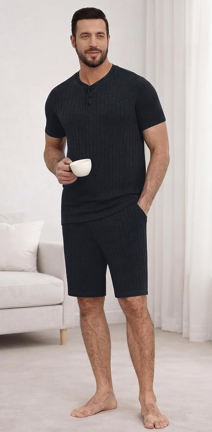 NITAGUT Men’s Summer Pajama Set Lightweight Loungewear Short Sleeve Henley Top & Sleep Shorts 2 Piece Stretch Lounge Set