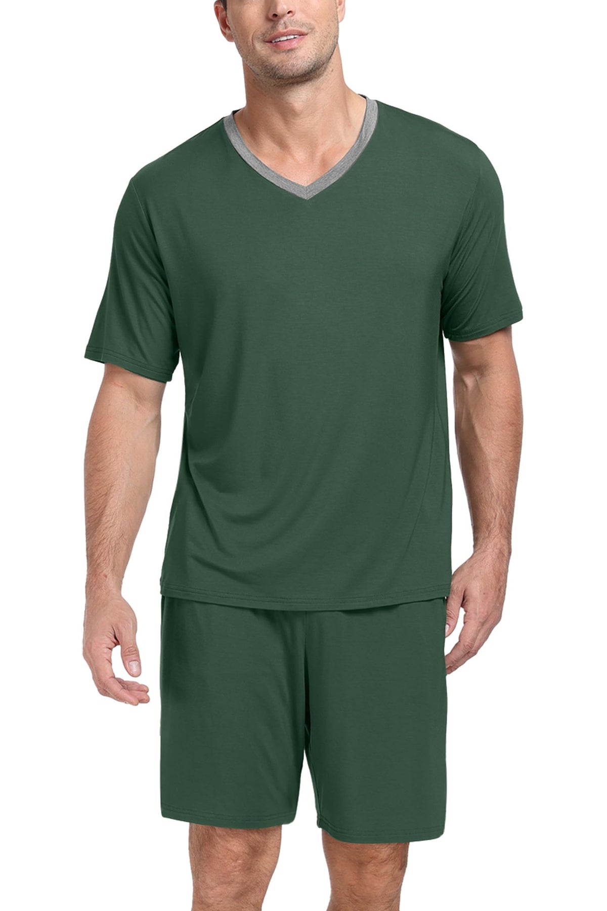 PrinStory Men's Pajama Set Sleepwear Pjs Lightweight Quick Dry Short Sleeve V-Neck Shirts and Shorts Soft Comfy Sleep Sets